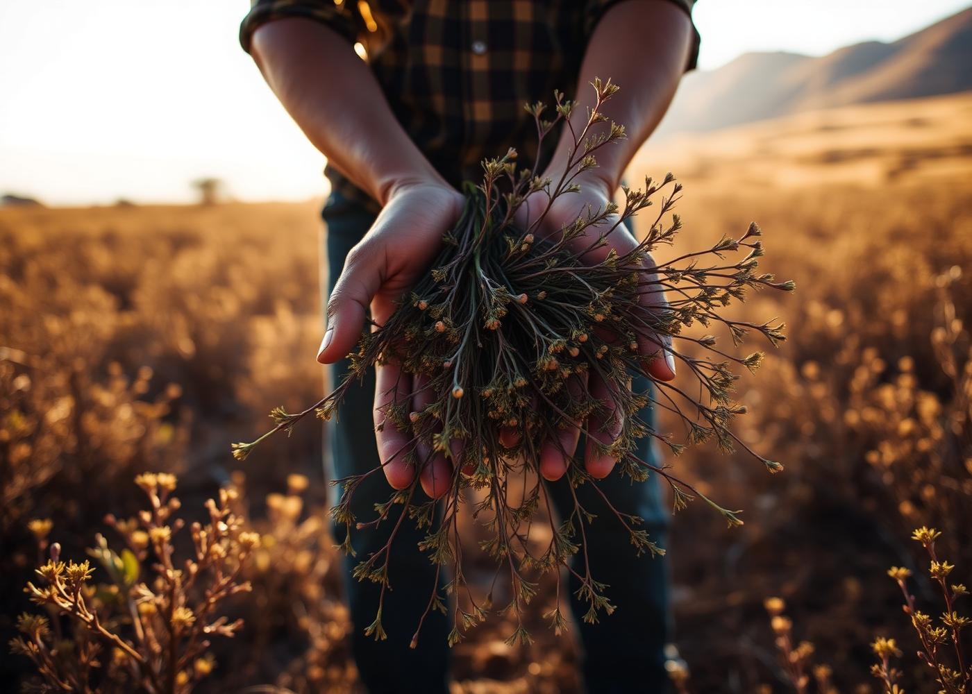 Harvester holding freshly cut wild rooibos branches