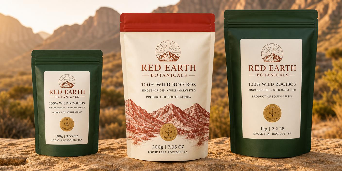 Red Earth Botanicals wild rooibos in 100g, 200g and 1kg pouches